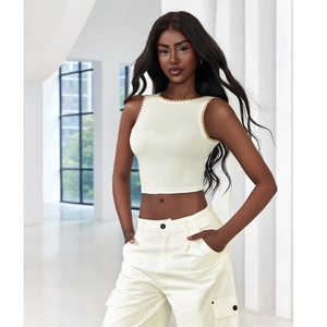 Damen Rippstrick Crop Top Slim Fit Ärmelloses Tank Top Mit Wellenkante Bestickt Süß Würzig Streetwear Weste