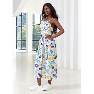 Women's sleeveless summer maxi dress with blue leaf print and high waist fit