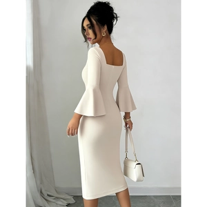 Elegant apricot square neck midi dress with bell sleeves and slim fit bodycon silhouette