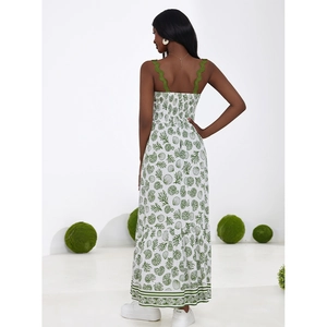 Women's backless maxi dress with green sea coral print and smocked elastic back detail