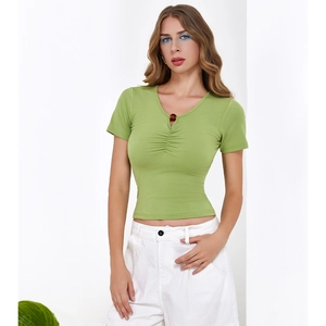 Slim fit grass green short sleeve T-shirt with V-neck cutout and decorative button