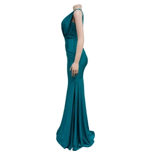 Detail of teal satin evening gown showing refined side ruching and draped mermaid silhouette