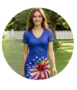 Close-up of V-neck dress featuring mesh short sleeves and American flag floral print