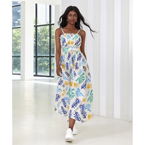Floral print sleeveless midi dress with spaghetti straps and elegant waist lace detailing