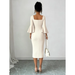 Elegant apricot square neck midi dress with bell sleeves and slim fit back view