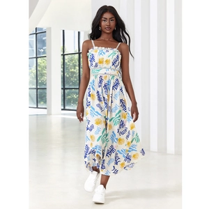 White sleeveless midi dress with colorful leaf prints and lace cutout waist detail
