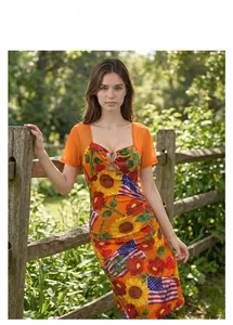 Close-up of heart neckline with gold metal buckle and sunflower rose flag print