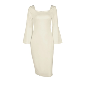 Elegant apricot square neck bodycon midi dress with dramatic bell sleeves for parties