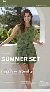 Close-up of green paisley print texture on bohemian vest and matching drawstring shorts