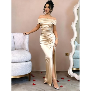 Elegant champagne off-the-shoulder pleated maxi dress with high slit for formal evening
