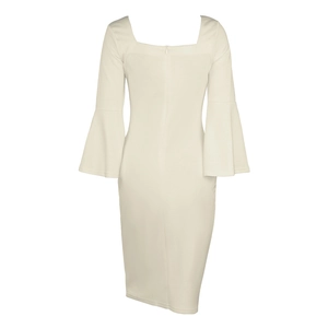 Elegant apricot square neck midi dress with flared sleeves and slim fit back view