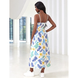Tropical leaf print summer maxi dress with smocking back and adjustable straps