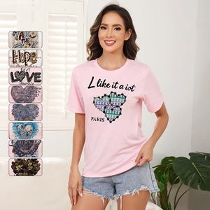 Women Casual Crew Neck Short Sleeve T-Shirt Pink White Letter Heart Printed Cotton Blend Loose Summer Tee Top for Women