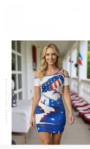 Detail of cold shoulder mini dress featuring patriotic feather digital print fabric