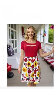 Detail of summer U-neck hollow cut dress with vibrant digital sunflower and floral prints