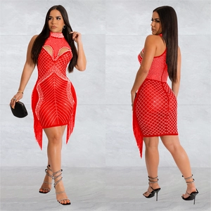Elegant red mesh mini dress with heart cutout, pearl detailing and dynamic side fringes