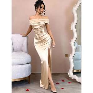 Elegant champagne gold satin off-shoulder evening gown with high slit and pleated waist