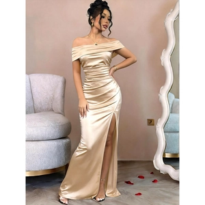 Elegant champagne satin off-the-shoulder evening dress with high slit and pleated waist