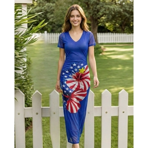 Women's V-neck midi dress with US flag floral print and sheer mesh short sleeves