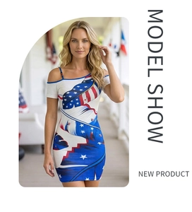 Detail of slim fit mini dress featuring American flag feather print and off-shoulder strap