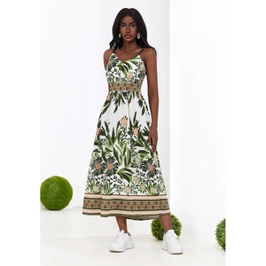 Floral print bohemian maxi dress with adjustable straps and geometric ethnic border