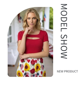 Detail of U-neck hollow cutout on a red short-sleeve dress with floral print pattern