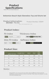 Size chart for bohemian floral vest and shorts set from S to XXL with garment measurements