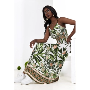 Bohemian floral printed maxi dress with spaghetti straps and palm leaf patterns