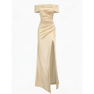 Elegant off-shoulder beige satin evening gown with pleated waist and high side slit