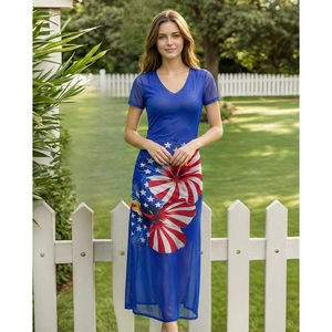 Navy V-neck short sleeve mesh dress with American flag floral print for summer leisure