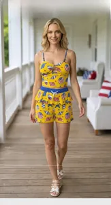 Detail of nautical print camisole and shorts set with shell and starfish patterns