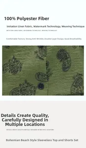 Detail showing breathable linen-like polyester fabric with bohemian paisley print pattern