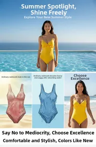 Detail of yellow one-piece swimsuit with ruffled neckline showing quick-dry performance