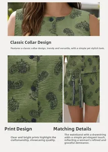 Detail view of green paisley print texture and drawstring waist on sleeveless set