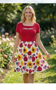 Detail of red hollow U-neck bodice with floral sunflower and rose print skirt