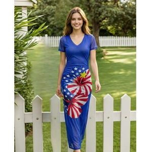 Women's V-neck summer dress with flag floral print and mesh short sleeves for parties