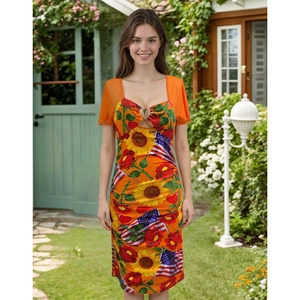 Women Independence Day Bodycon Dress Sunflower Rose US Flag Print Heart Neck Orange Mesh Short Sleeve Slim Fit Midi Dress