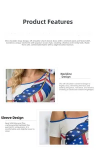 Detail of American flag digital print on a shoulder-off dress with precise stitching