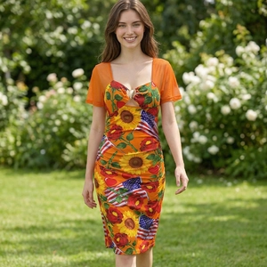 Independence Day bodycon dress with sunflower rose and US flag print on orange fabric