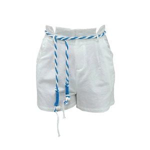 Women's white linen high-waisted shorts featuring a blue and white woven rope belt