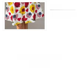 Detail of the flared hem with floral sunflower and American flag heart digital prints