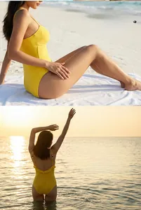 Detail of yellow one-piece swimsuit featuring ruffles on the back and slim straps