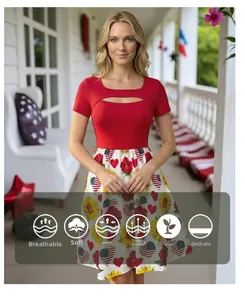 Detail of red hollow U-neck bodice with floral sunflower and flag heart print skirt