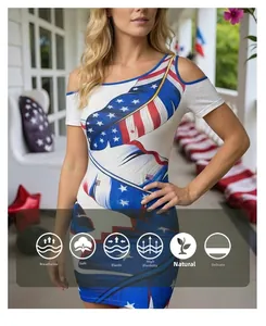 Detail of off-shoulder mini dress featuring American flag feather print and soft fabric
