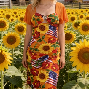 Slim fit Independence Day dress with sunflower rose and flag print on orange fabric