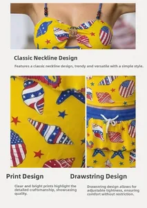 Detail view of beachwear set with ocean patterns and patriotic stars and stripes print