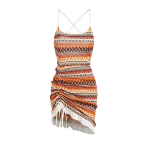 Vintage bohemian striped knit camisole dress with side drawstrings for beach vacation