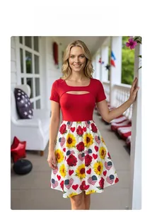Detail of red U-neck hollow out top with sunflower and American flag heart print dress