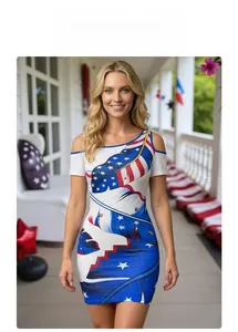 Detail of slim-fit one-shoulder dress with American flag feather digital print