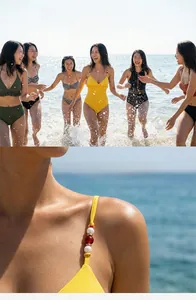 Detailed close-up of decorative red and white beads on a yellow swimsuit shoulder strap